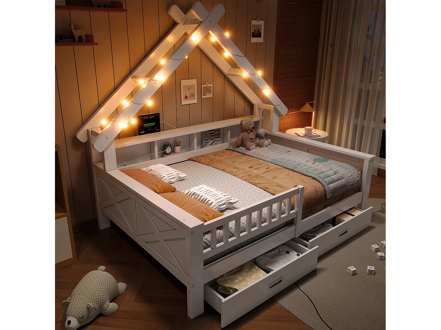 Lits plateformes en forme de maison - 140 x 200 cm - avec Leds + étagère + 2 tiroirs + barrières - MDF + bois - blanc