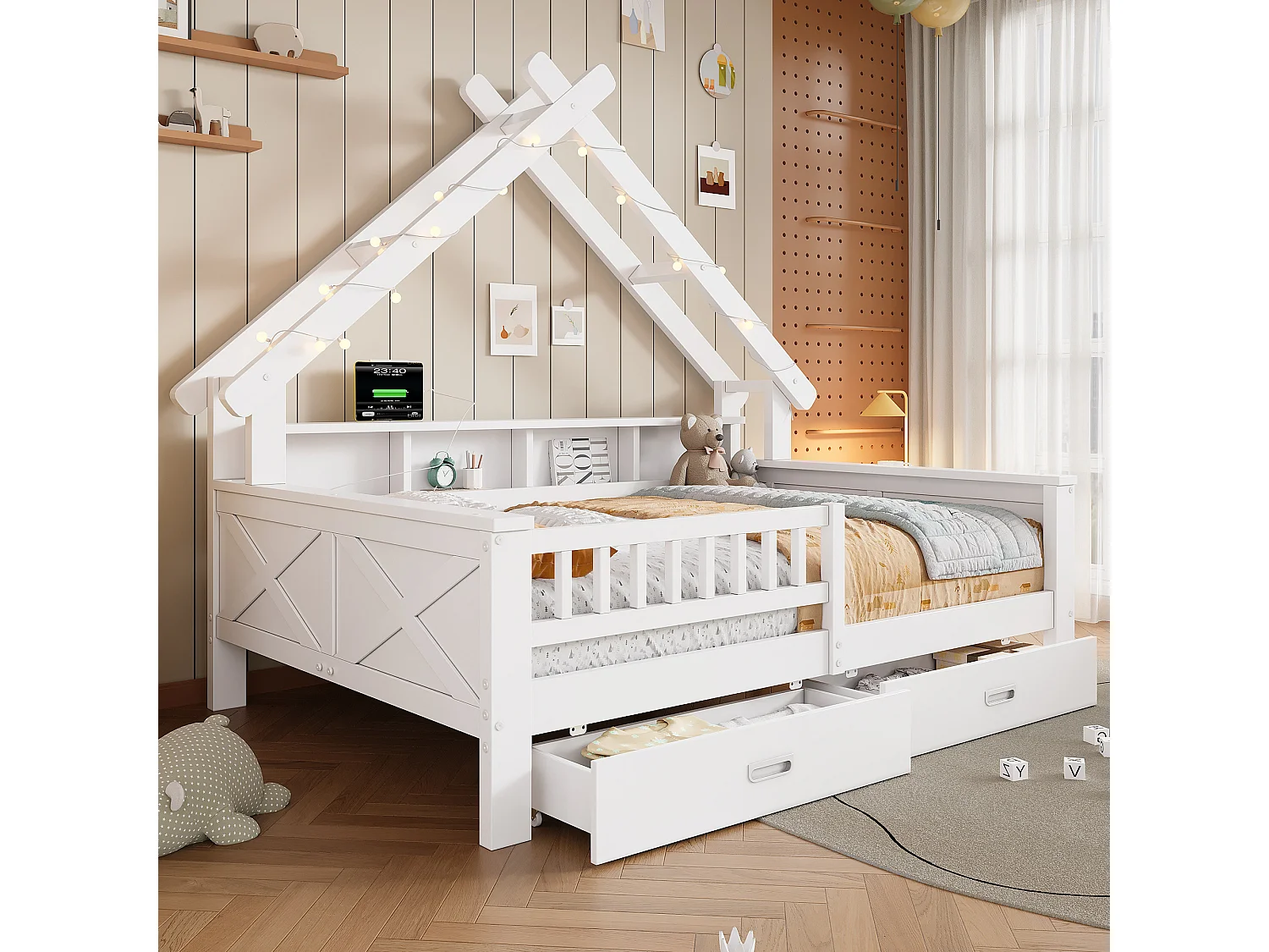 Lits plateformes en forme de maison - 140 x 200 cm - avec Leds + étagère + 2 tiroirs + barrières - MDF + bois - blanc