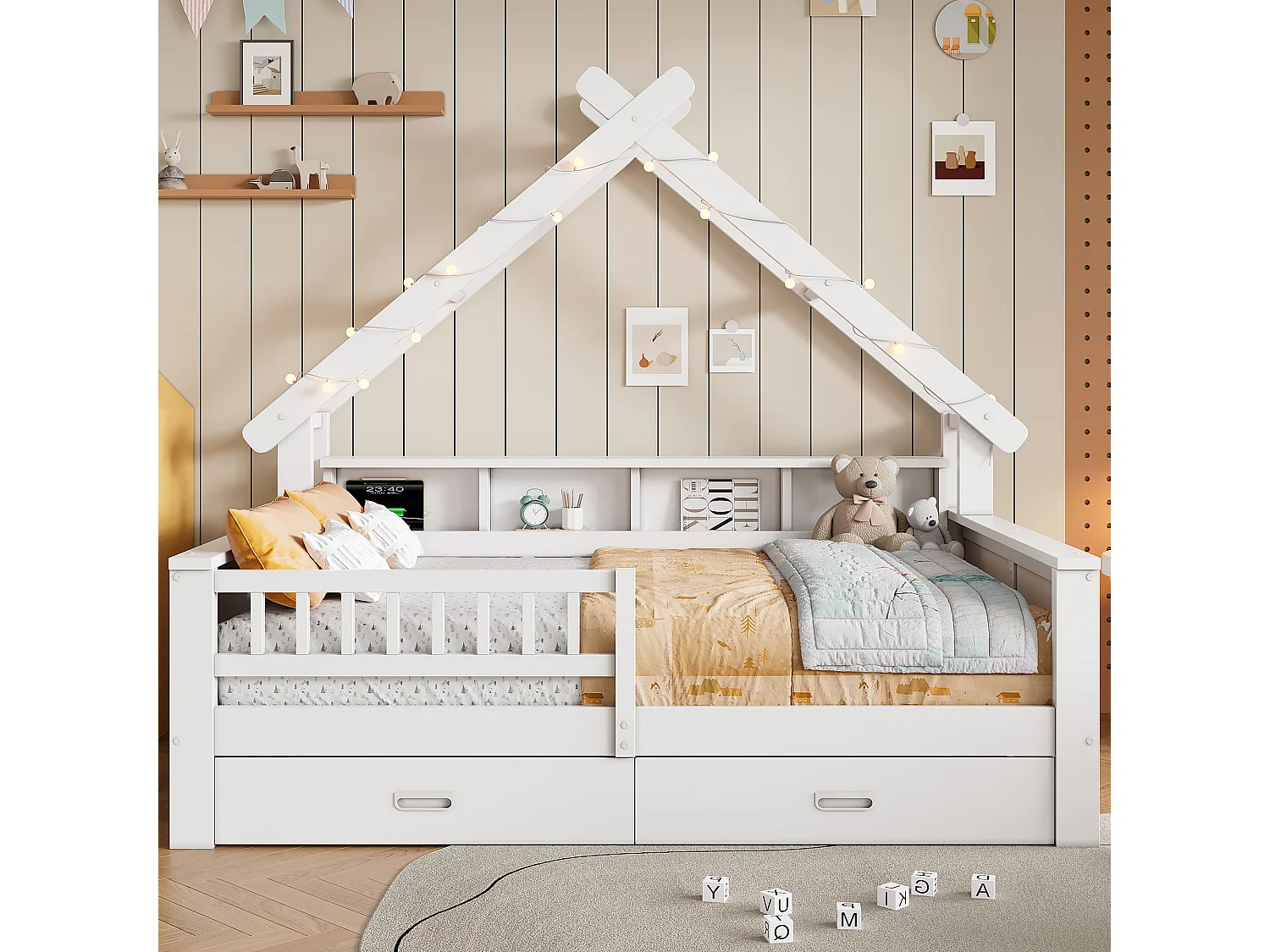 Lits plateformes en forme de maison - 140 x 200 cm - avec Leds + étagère + 2 tiroirs + barrières - MDF + bois - blanc