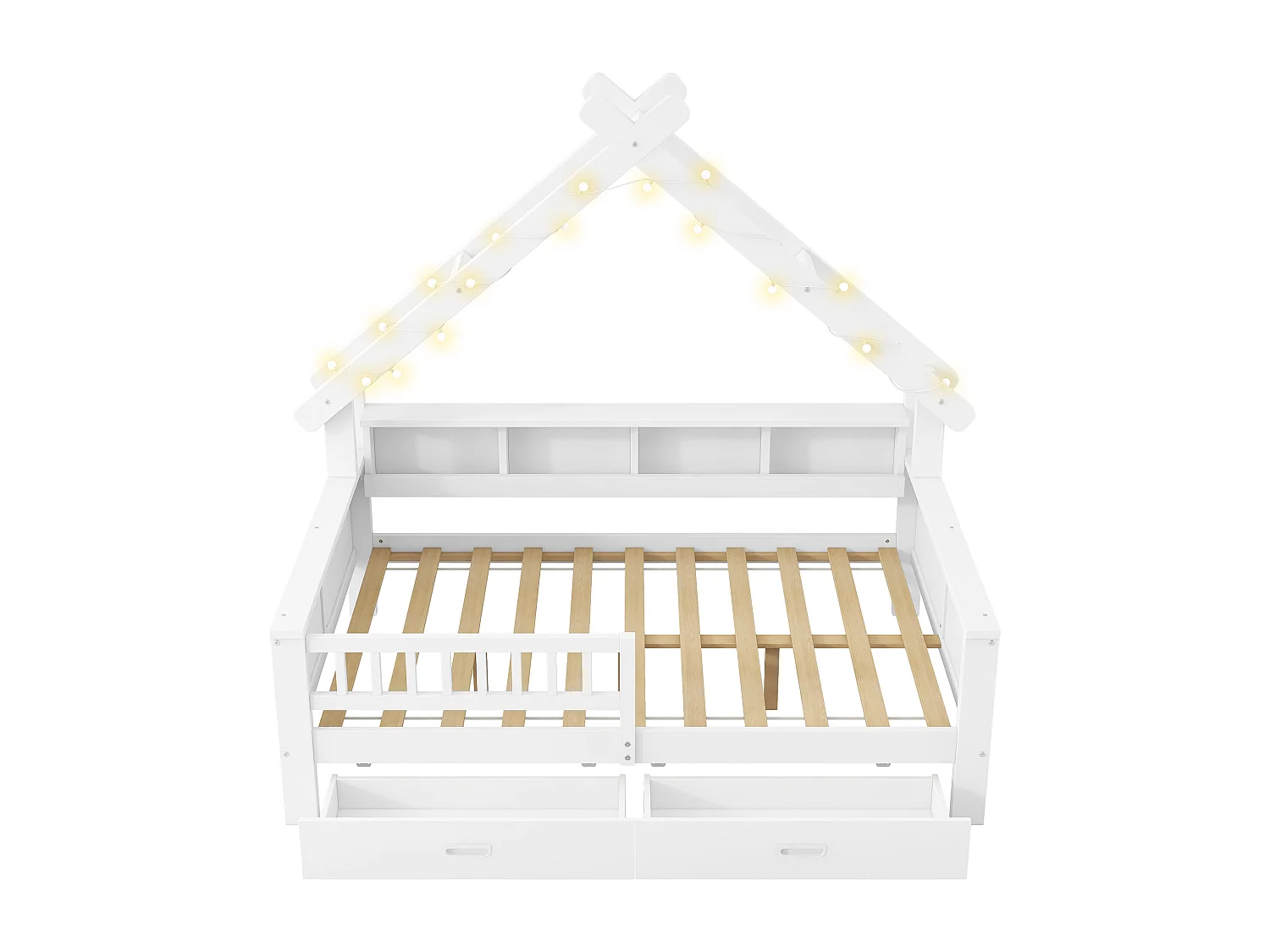 Lits plateformes en forme de maison - 140 x 200 cm - avec Leds + étagère + 2 tiroirs + barrières - MDF + bois - blanc