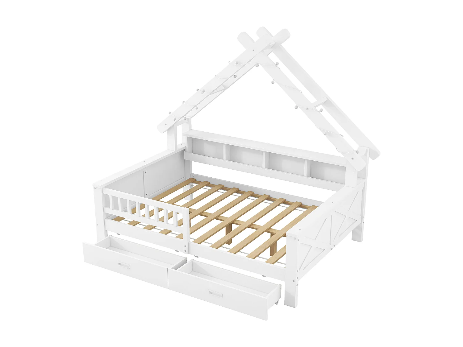 Lits plateformes en forme de maison - 140 x 200 cm - avec Leds + étagère + 2 tiroirs + barrières - MDF + bois - blanc