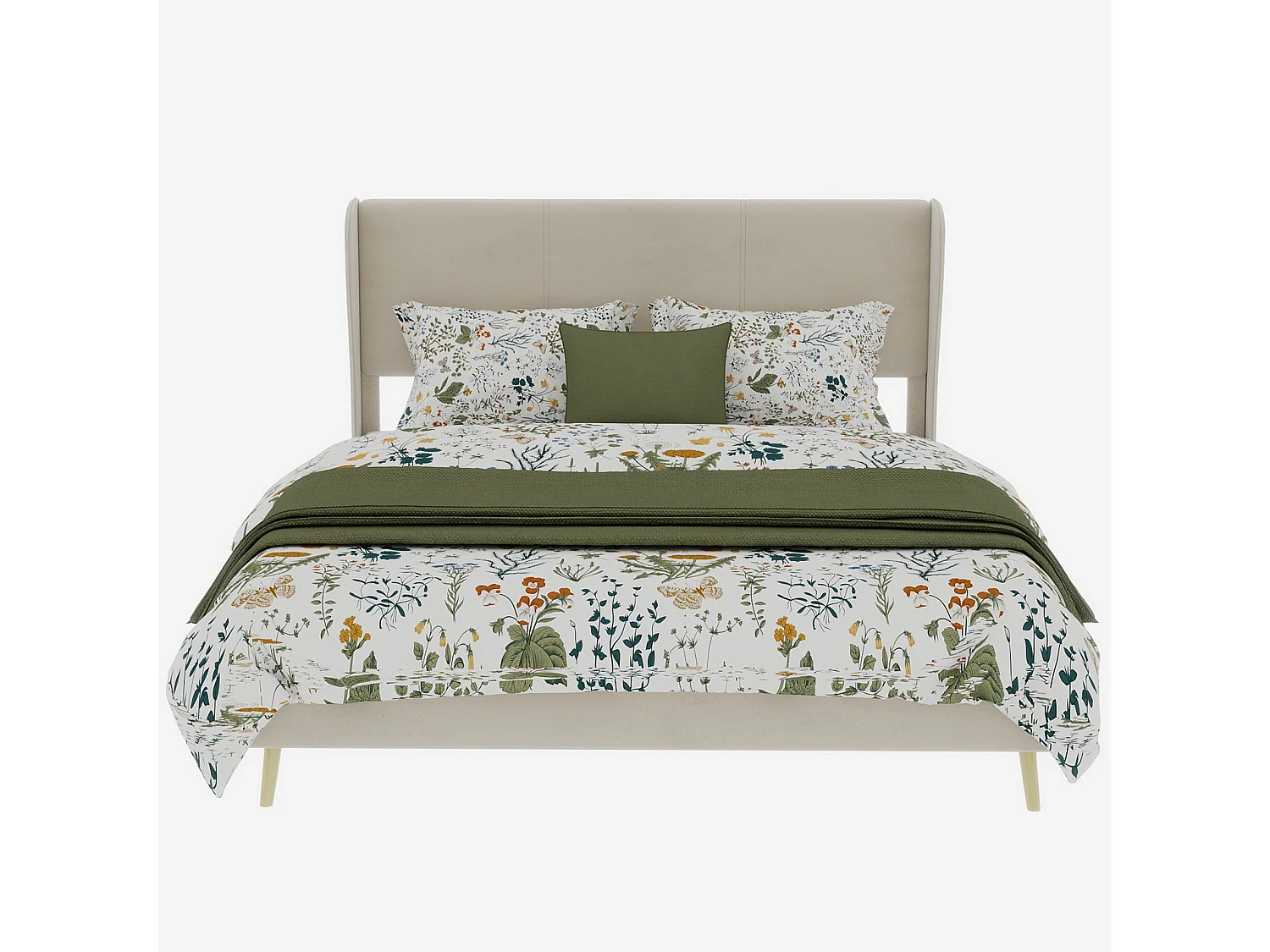 Lit adulte 140x200cm en velours beige - Lit capitonné avec tête de lit, sans matelas