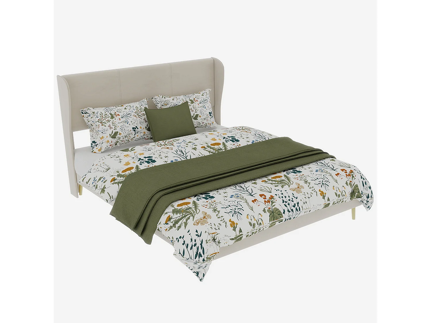 Lit adulte 140x200cm en velours beige - Lit capitonné avec tête de lit, sans matelas