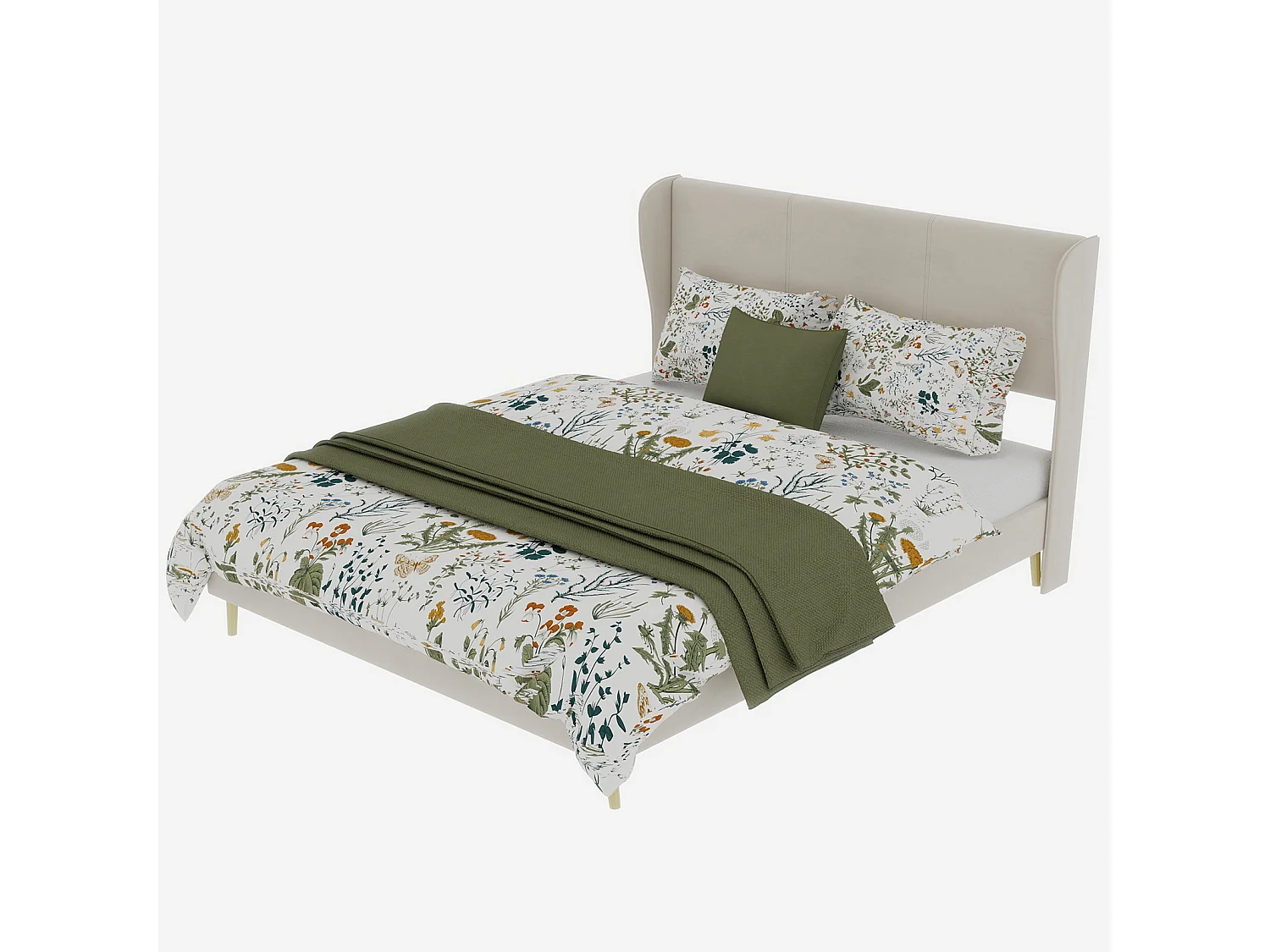 Lit adulte 140x200cm en velours beige - Lit capitonné avec tête de lit, sans matelas