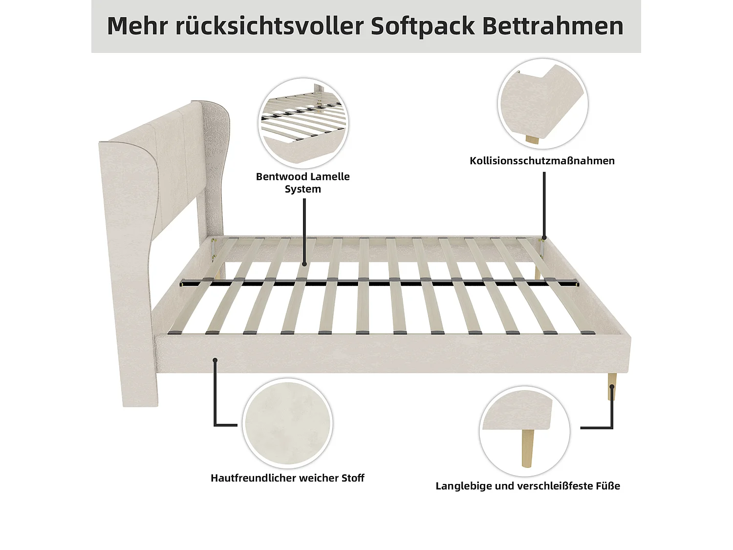 Lit adulte 140x200cm en velours beige - Lit capitonné avec tête de lit, sans matelas