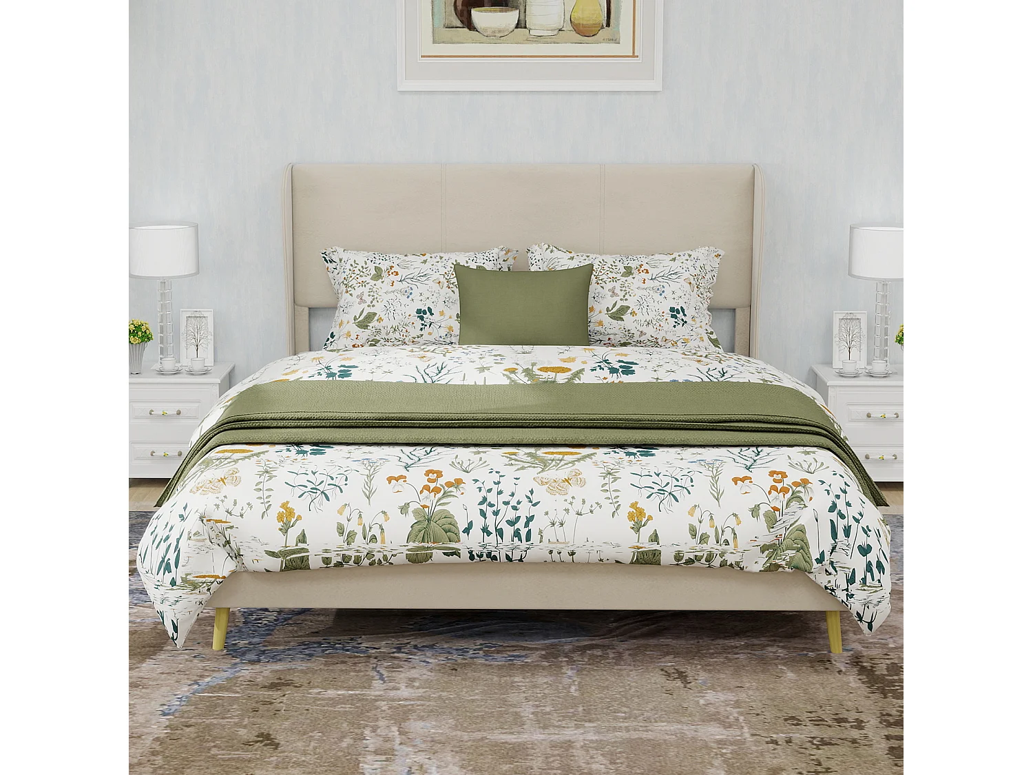 Lit adulte 140x200cm en velours beige - Lit capitonné avec tête de lit, sans matelas