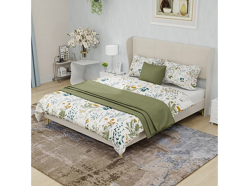 Lit adulte 140x200cm en velours beige - Lit capitonné avec tête de lit, sans matelas