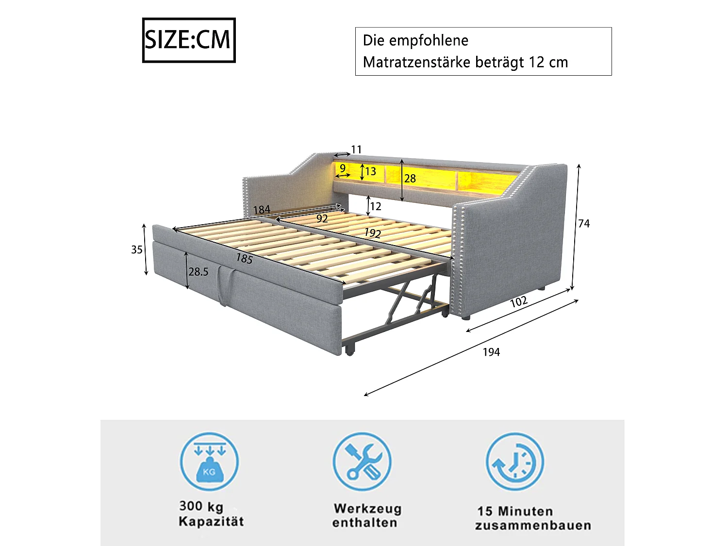 Canapé-lit extensible - 90/180 x 190 cm - avec étagères de rangements + Leds + USB -  lin + MDF - gris clair (avec 2 matelas)