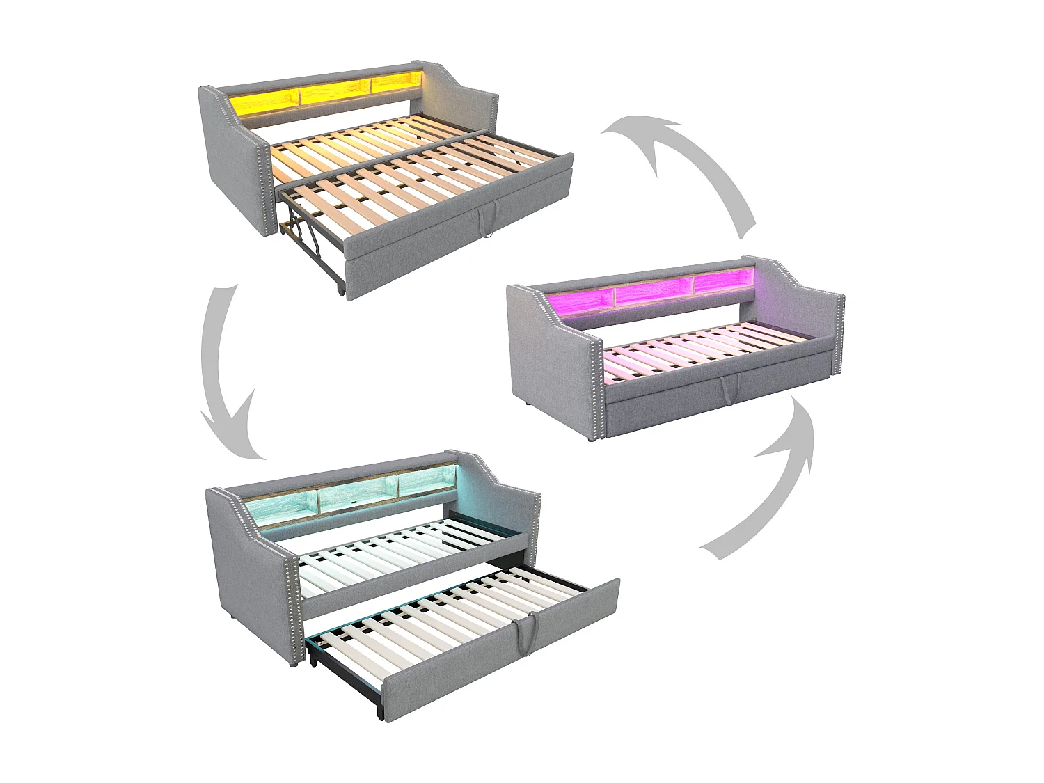 Canapé-lit extensible - 90/180 x 190 cm - avec étagères de rangements + Leds + USB -  lin + MDF - gris clair (avec 2 matelas)