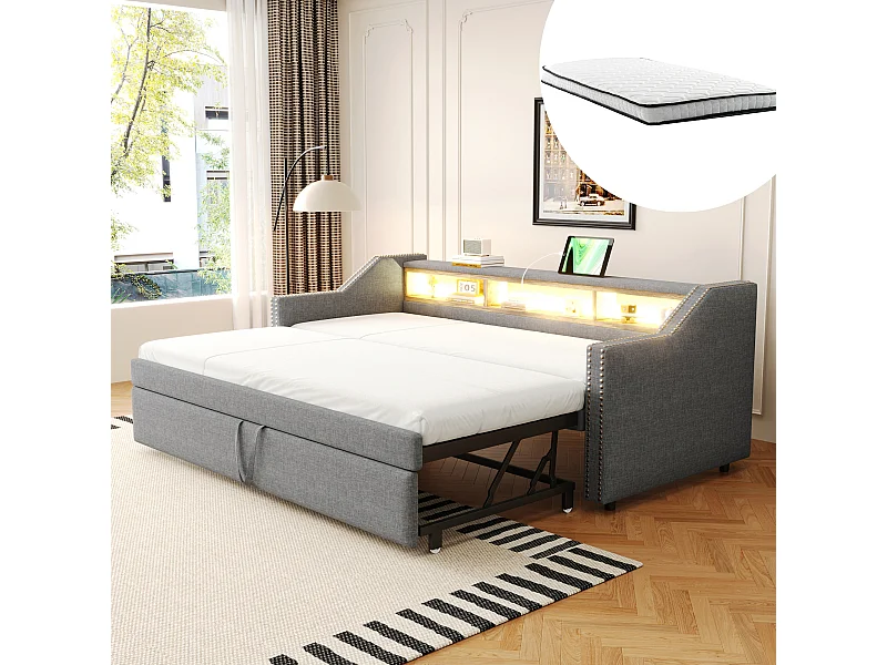 Canapé-lit extensible - 90/180 x 190 cm - avec étagères de rangements + Leds + USB -  lin + MDF - gris clair (avec 2 matelas)