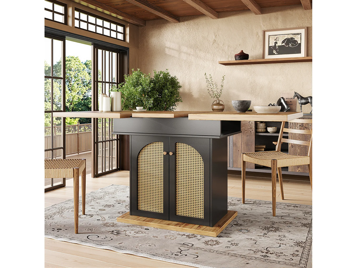 Table à manger extensible pour 4 à 6 personnes 110-140 x 80 cm - Avec 2 portes en rotin - Noir et naturel clair