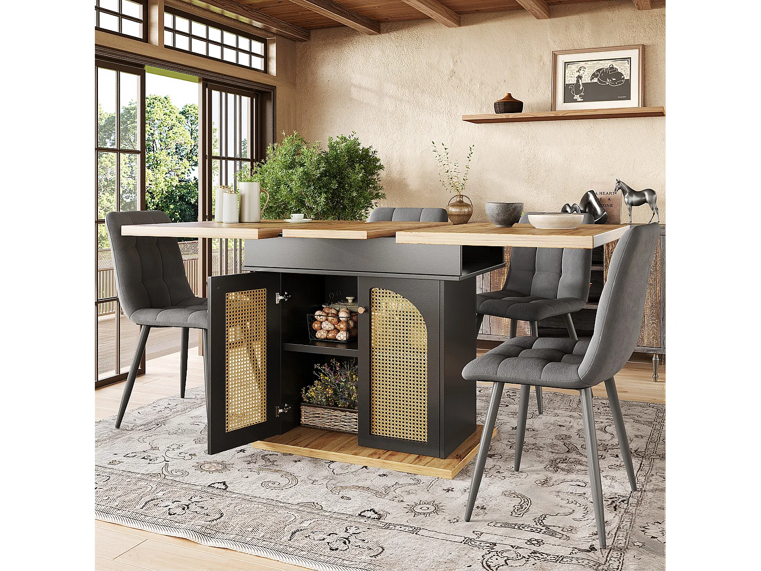 Table à manger extensible pour 4 à 6 personnes 110-140 x 80 cm - Avec 2 portes en rotin - Noir et naturel clair