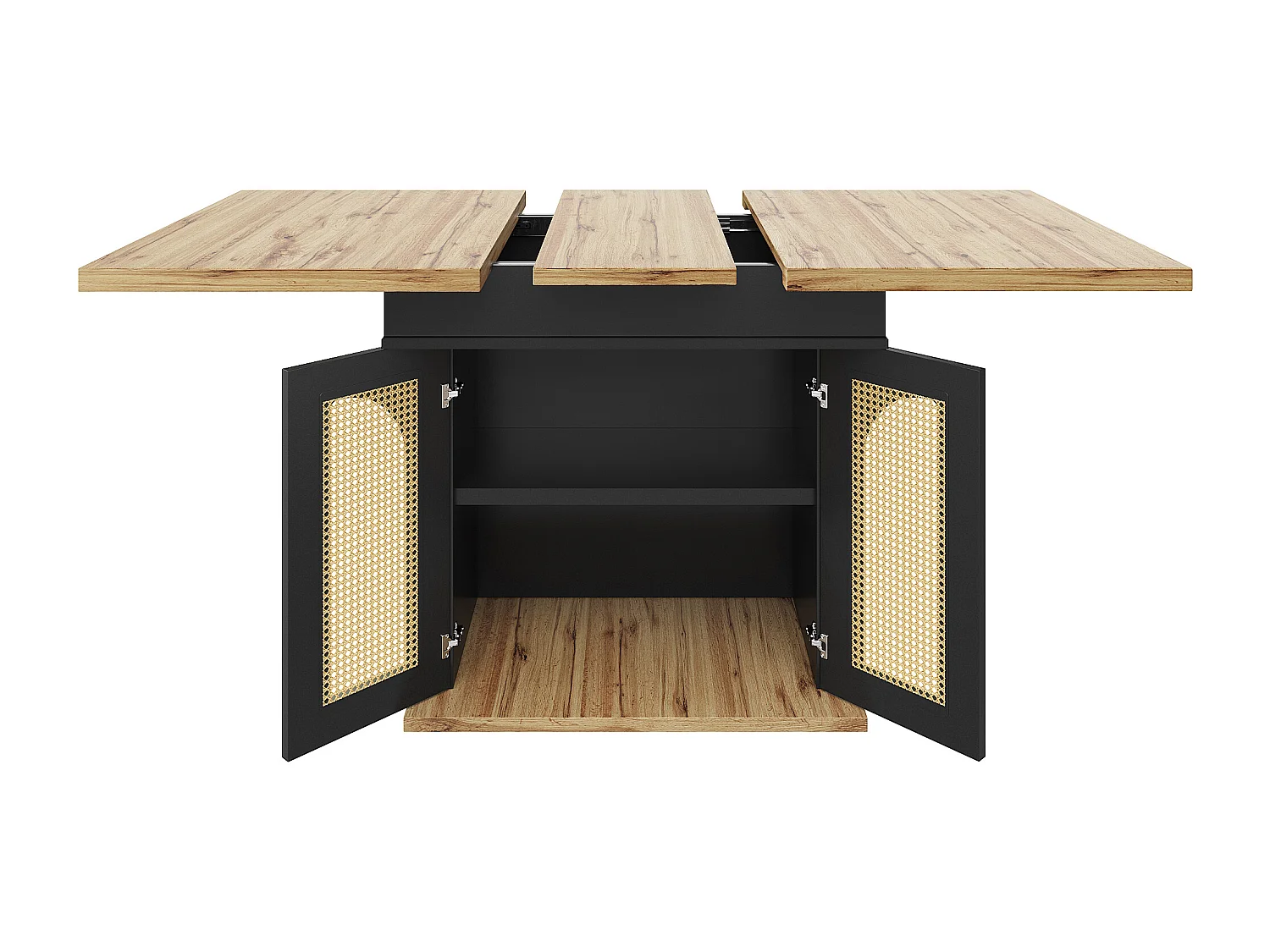 Table à manger extensible pour 4 à 6 personnes 110-140 x 80 cm - Avec 2 portes en rotin - Noir et naturel clair