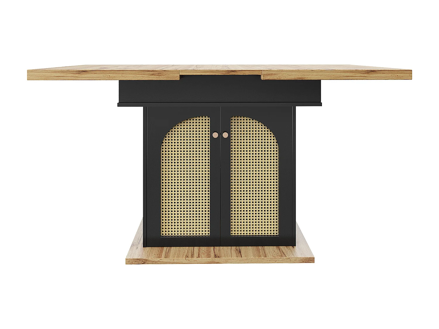 Table à manger extensible pour 4 à 6 personnes 110-140 x 80 cm - Avec 2 portes en rotin - Noir et naturel clair