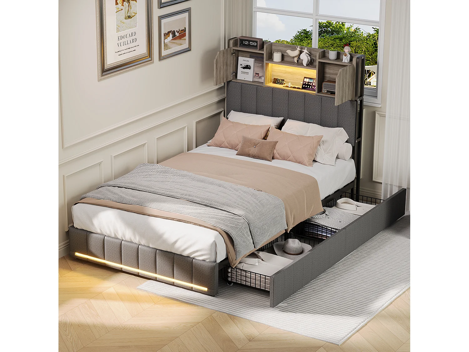 Lit simple 90x200cm avec éclairage LED et ports USB - tête de lit avec rangement - 2 tiroirs - lin - gris