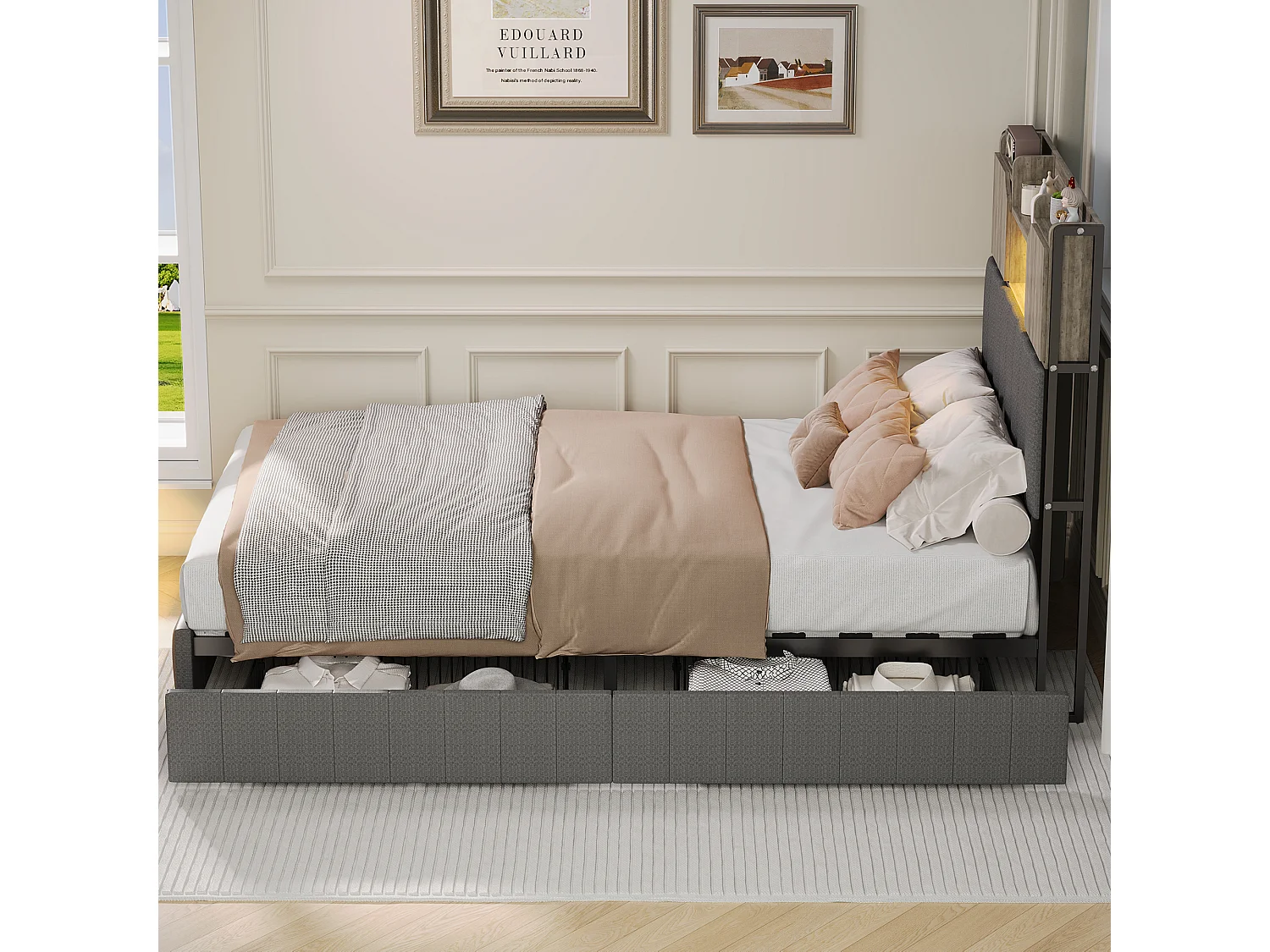 Lit simple 90x200cm avec éclairage LED et ports USB - tête de lit avec rangement - 2 tiroirs - lin - gris