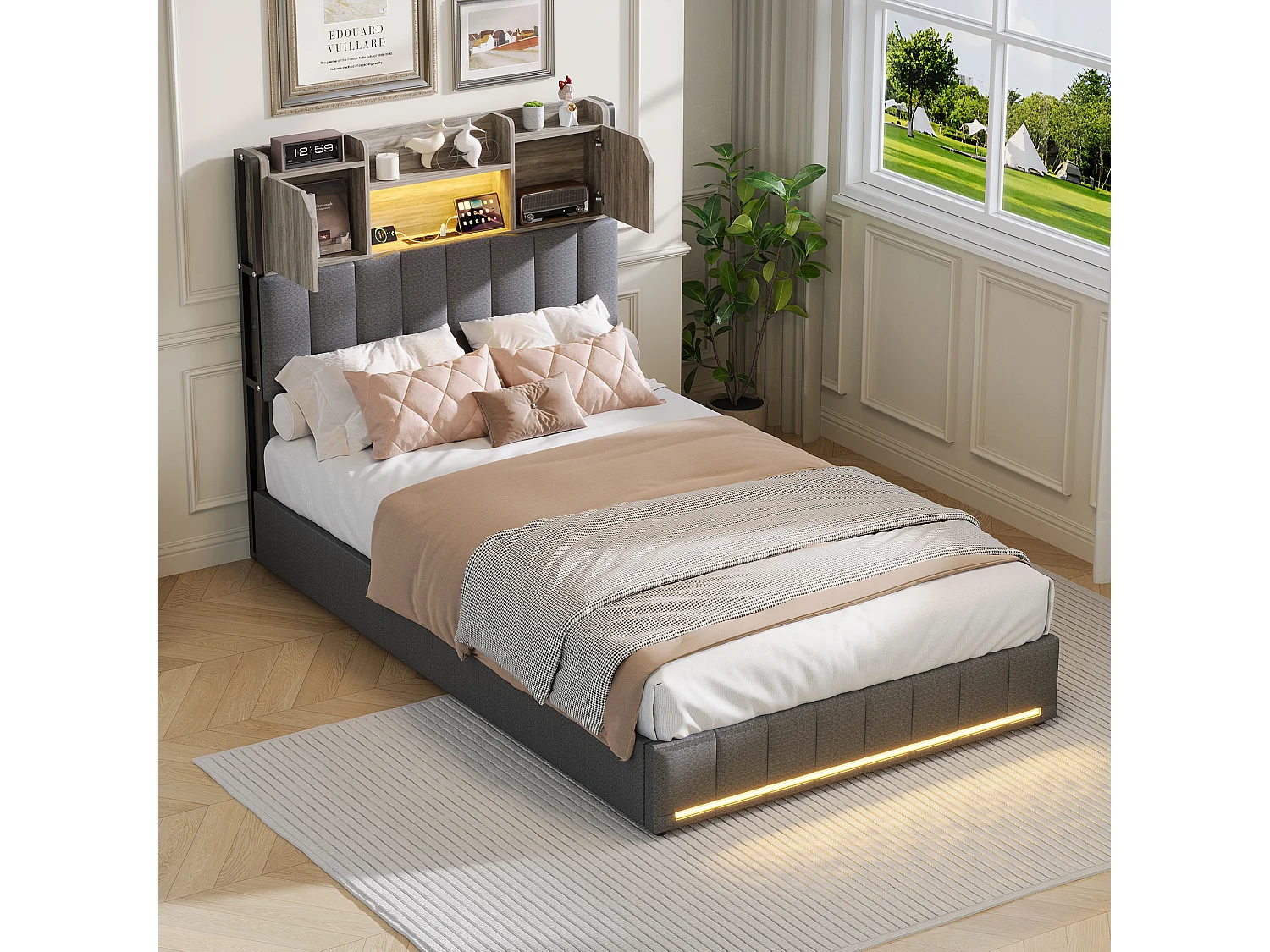 Lit simple 90x200cm avec éclairage LED et ports USB - tête de lit avec rangement - 2 tiroirs - lin - gris