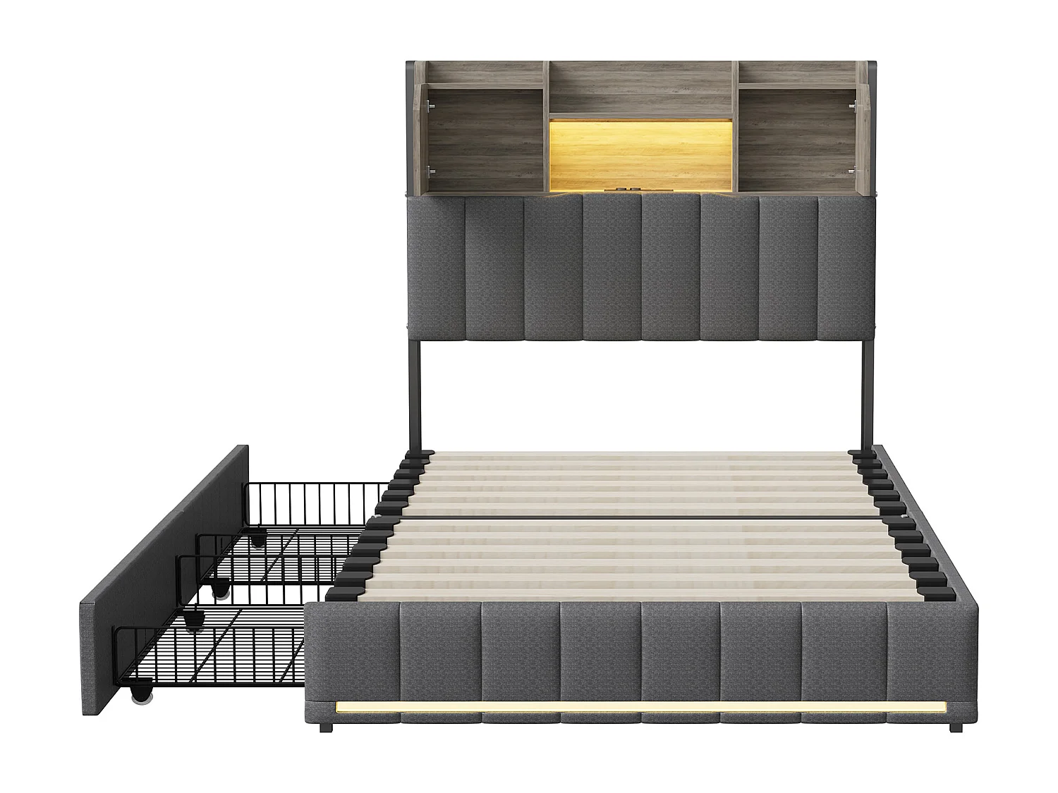 Lit simple 90x200cm avec éclairage LED et ports USB - tête de lit avec rangement - 2 tiroirs - lin - gris