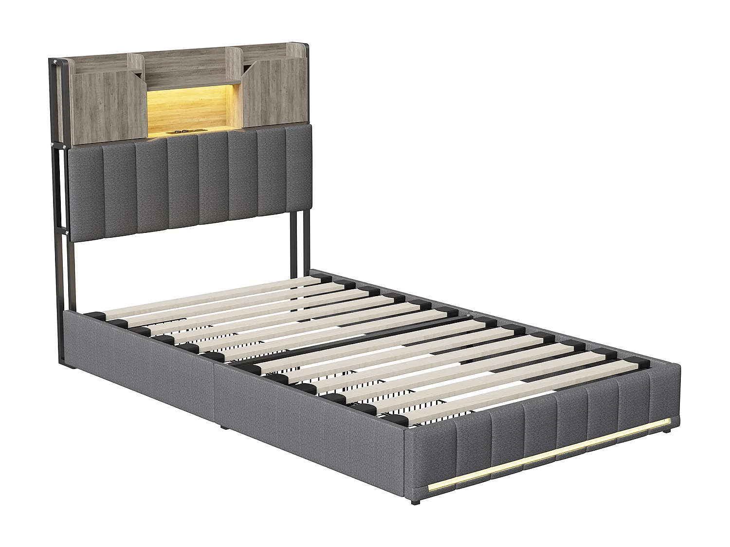 Lit simple 90x200cm avec éclairage LED et ports USB - tête de lit avec rangement - 2 tiroirs - lin - gris