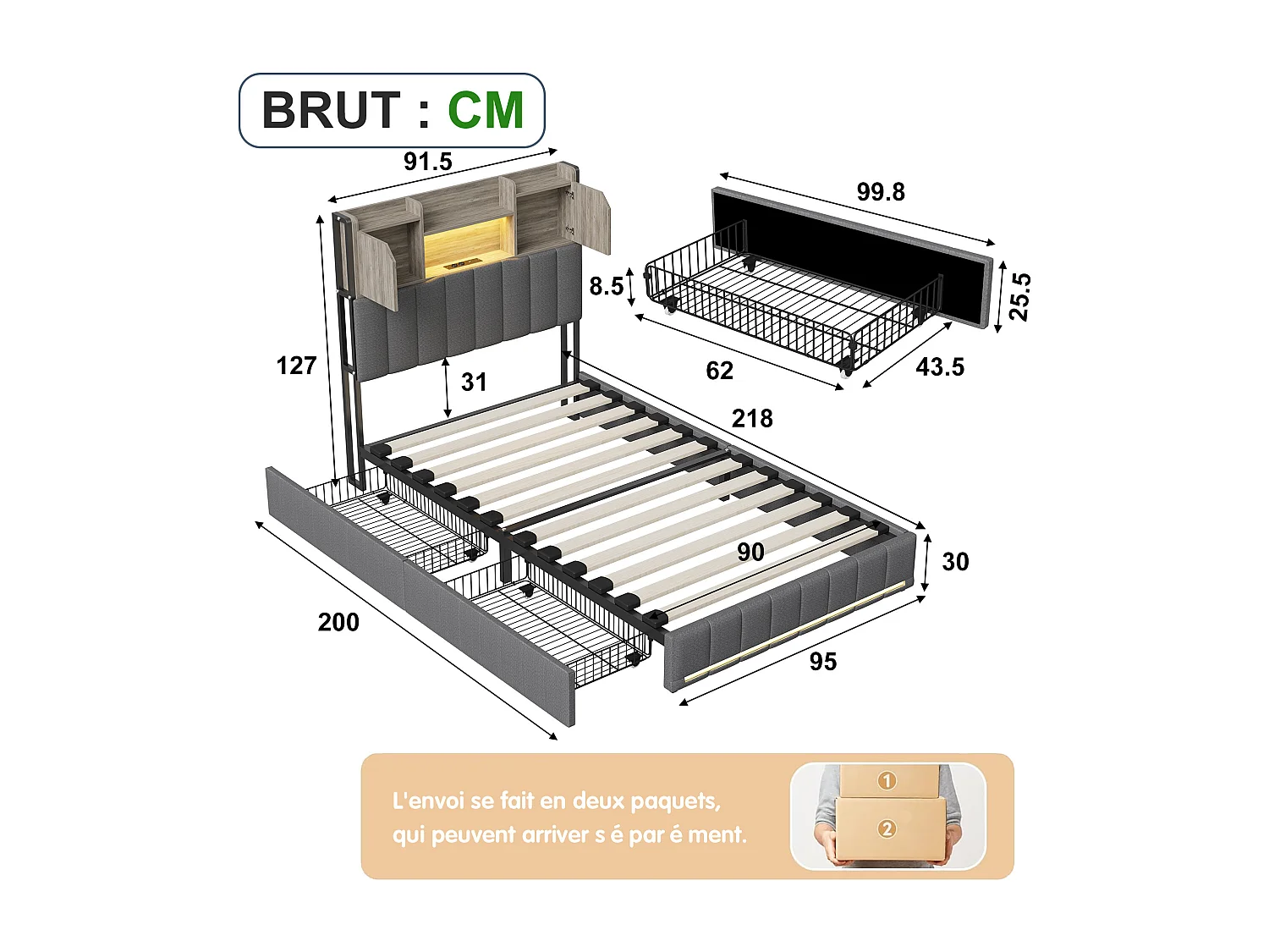 Lit simple 90x200cm avec éclairage LED et ports USB - tête de lit avec rangement - 2 tiroirs - lin - gris