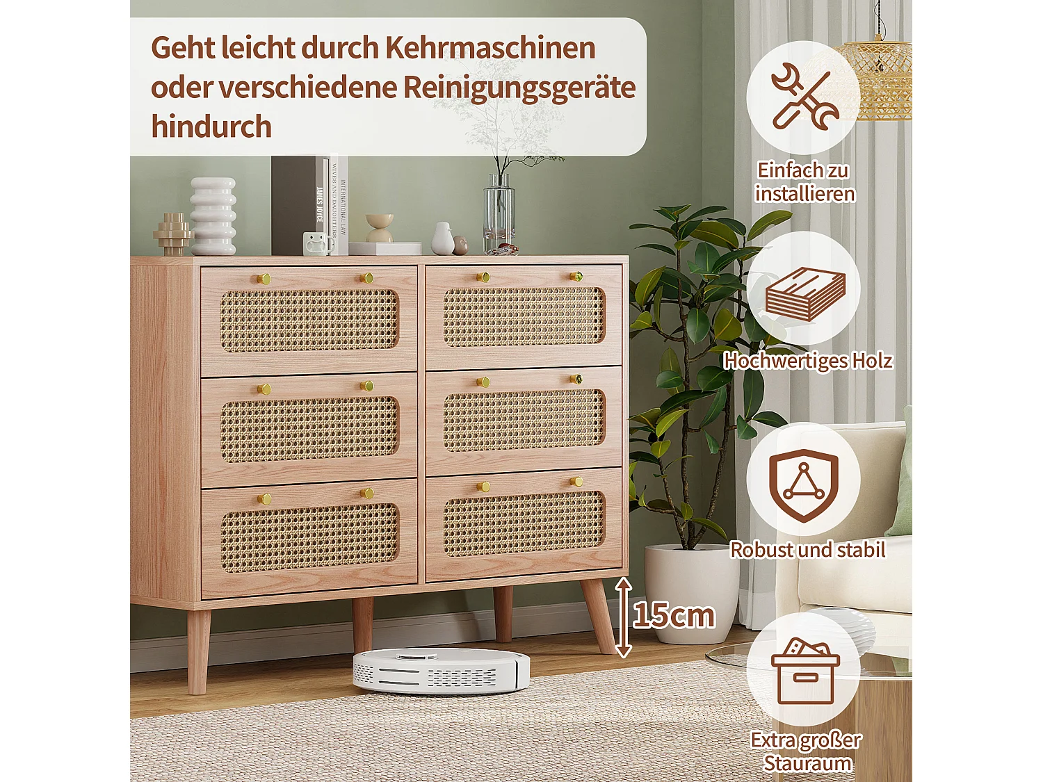 Commode à 6 tiroirs - commode en rotin pour chambre - commode en bois avec poignées dorées - 100x34x73cm