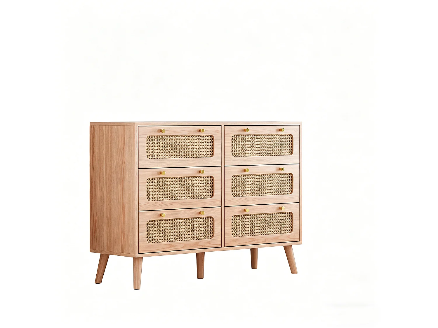 Commode à 6 tiroirs - commode en rotin pour chambre - commode en bois avec poignées dorées - 100x34x73cm