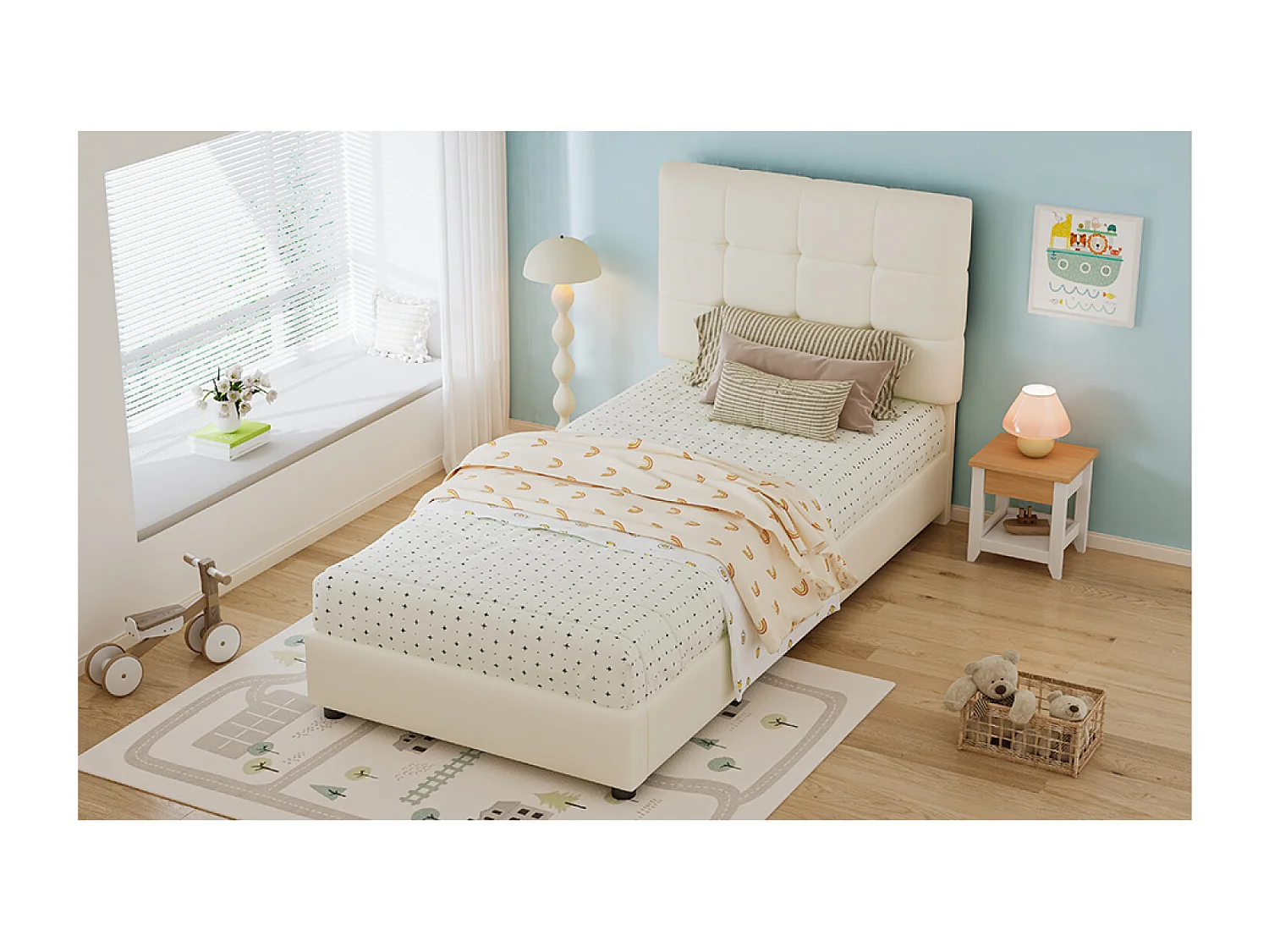 Lit enfant 90x200cm en similicuir PU - Tête de lit en forme de biscuit - Beige