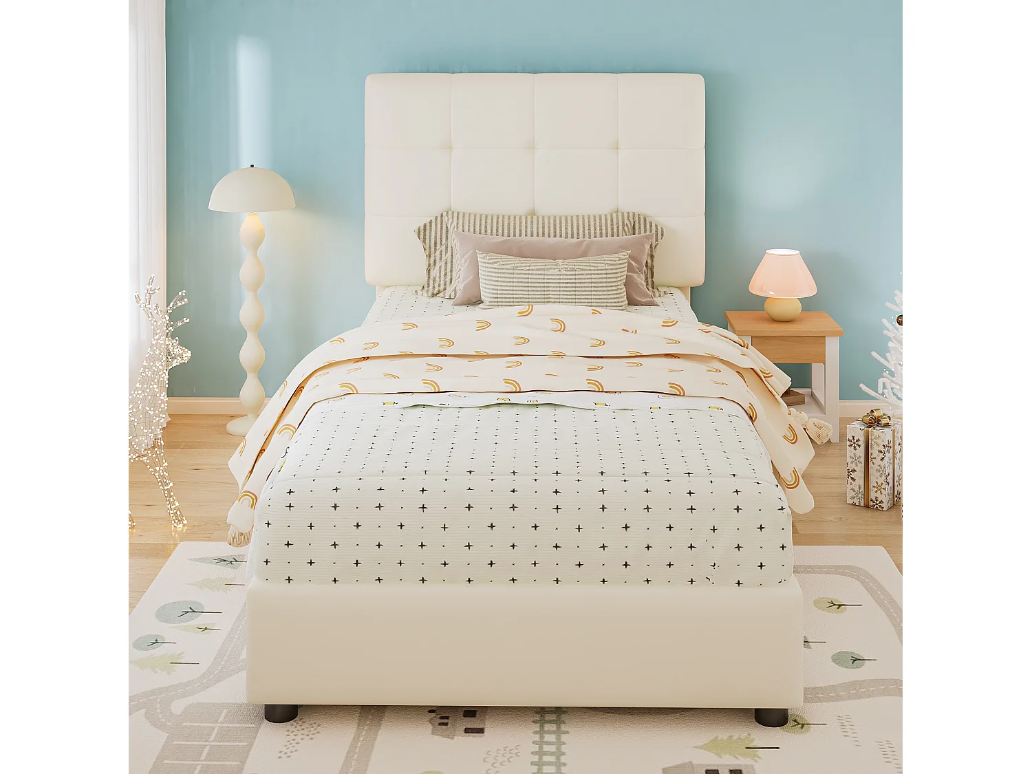 Lit enfant 90x200cm en similicuir PU - Tête de lit en forme de biscuit - Beige