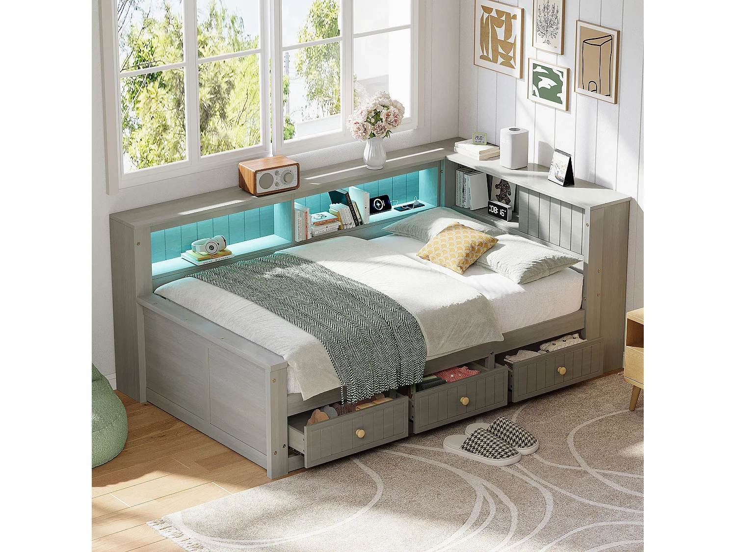 Canapé-lit en bois pour enfant - 90 x 200 cm - avec étagère de rangement + 3 tiroirs + Leds - MDF + contreplaqué - gris