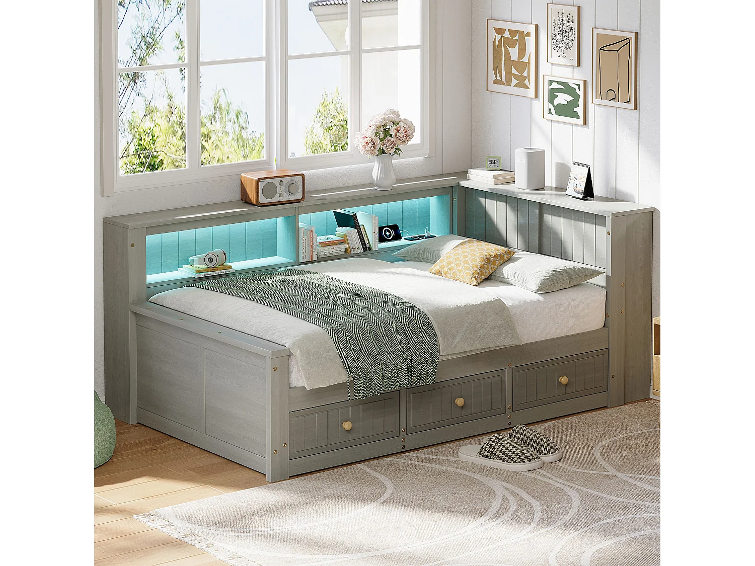 Canapé-lit en bois pour enfant - 90 x 200 cm - avec étagère de rangement + 3 tiroirs + Leds - MDF + contreplaqué - gris