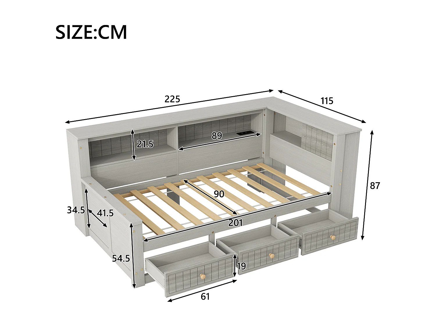 Canapé-lit en bois pour enfant - 90 x 200 cm - avec étagère de rangement + 3 tiroirs + Leds - MDF + contreplaqué - gris