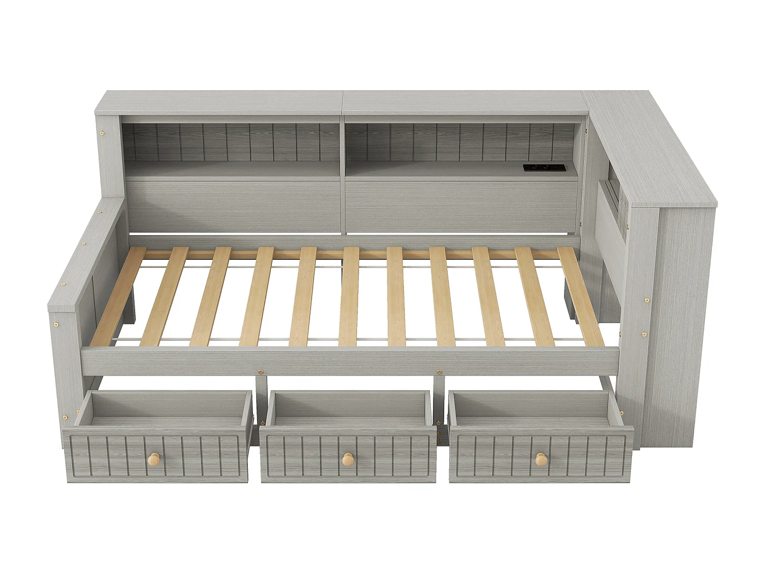 Canapé-lit en bois pour enfant - 90 x 200 cm - avec étagère de rangement + 3 tiroirs + Leds - MDF + contreplaqué - gris