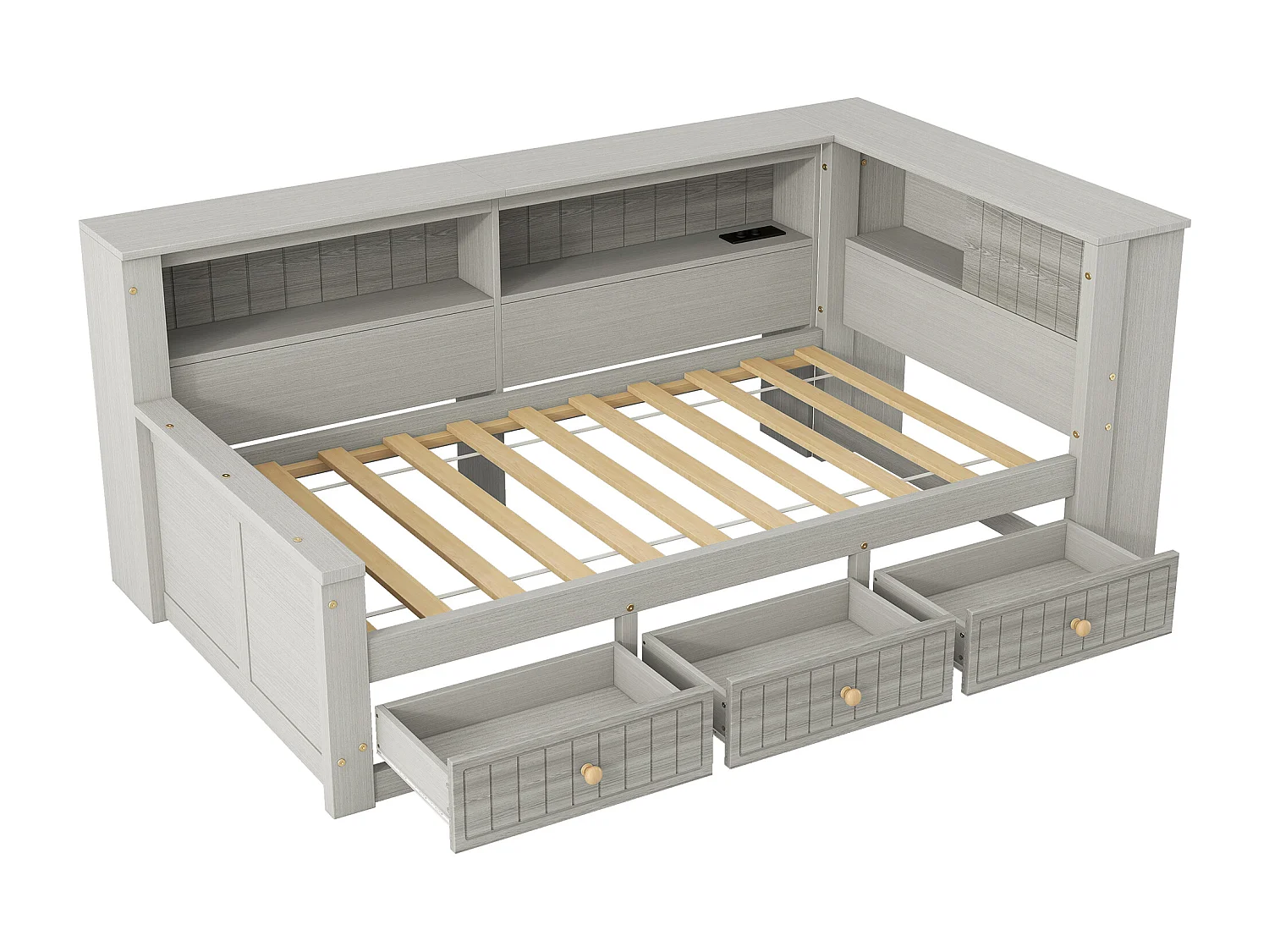 Canapé-lit en bois pour enfant - 90 x 200 cm - avec étagère de rangement + 3 tiroirs + Leds - MDF + contreplaqué - gris