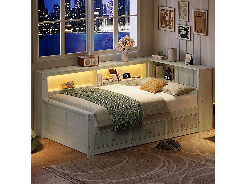 Canapé-lit en bois pour enfant - 90 x 200 cm - avec étagère de rangement + 3 tiroirs + Leds - MDF + contreplaqué - gris