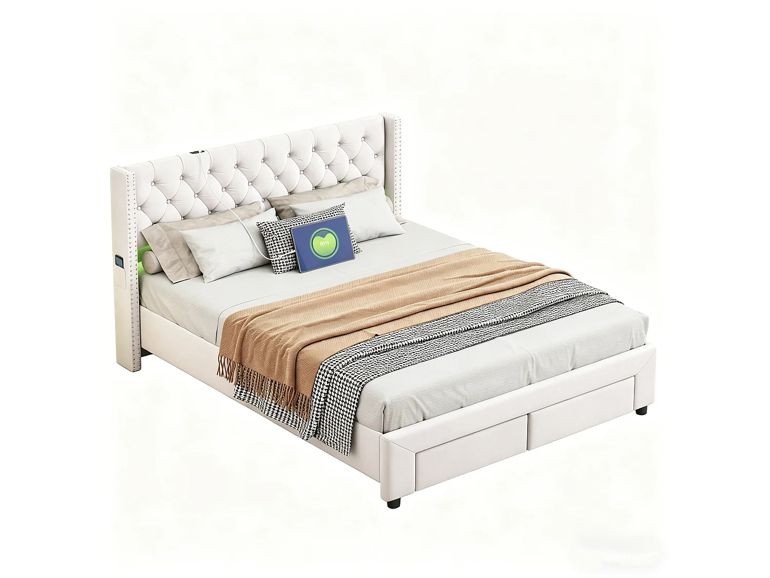 Opbergbed van 140x190 cm met ledverlichting - hoofdbord met USB-poort en opbergtas - 2 lades - fluweel - beige