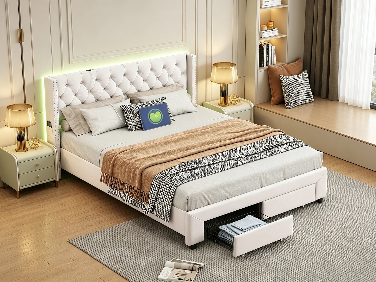 Cama de 140x190 cm com arrumação, iluminação LED, cabeceira com porta USB e bolsa de arrumação, 2 gavetas, estofada, bege.