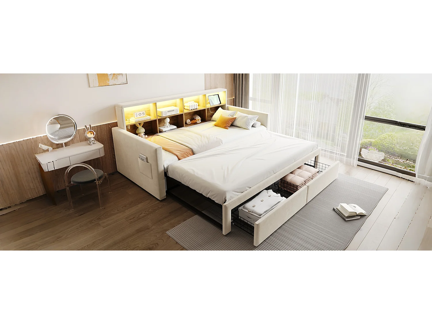 Dagbed 90/180 x 190 cm met 2 lades, ledverlichting en stopcontact, planken - Volwassenenbed in fluweel - Beige