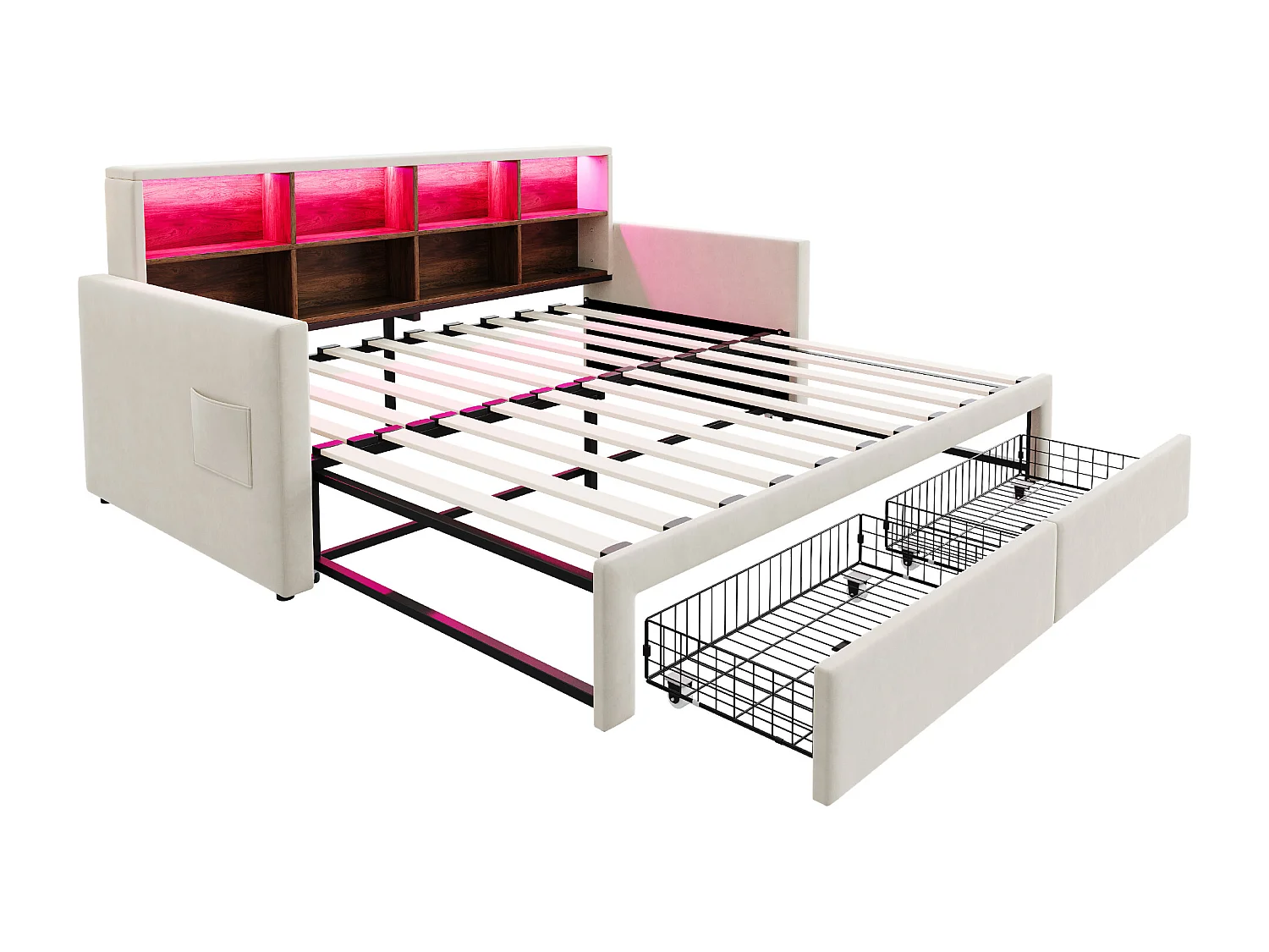 Dagbed 90/180 x 190 cm met 2 lades, ledverlichting en stopcontact, planken - Volwassenenbed in fluweel - Beige