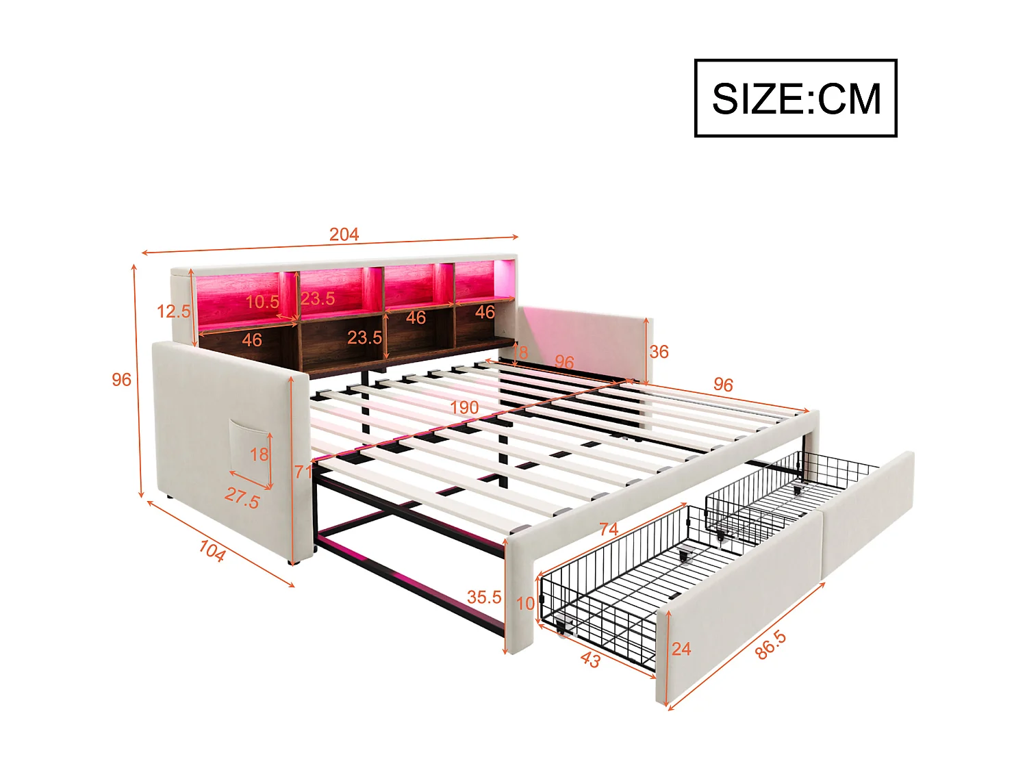 Dagbed 90/180 x 190 cm met 2 lades, ledverlichting en stopcontact, planken - Volwassenenbed in fluweel - Beige