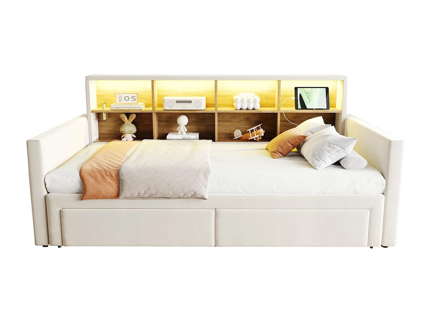 Dagbed 90/180 x 190 cm met 2 lades, ledverlichting en stopcontact, planken - Volwassenenbed in fluweel - Beige