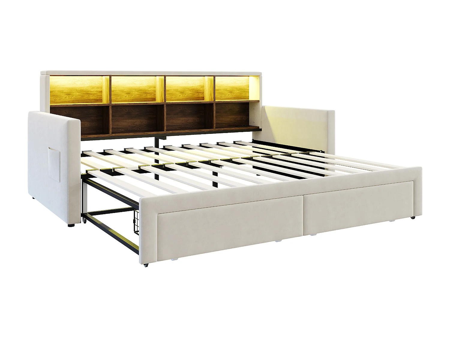 Dagbed 90/180 x 190 cm met 2 lades, ledverlichting en stopcontact, planken - Volwassenenbed in fluweel - Beige