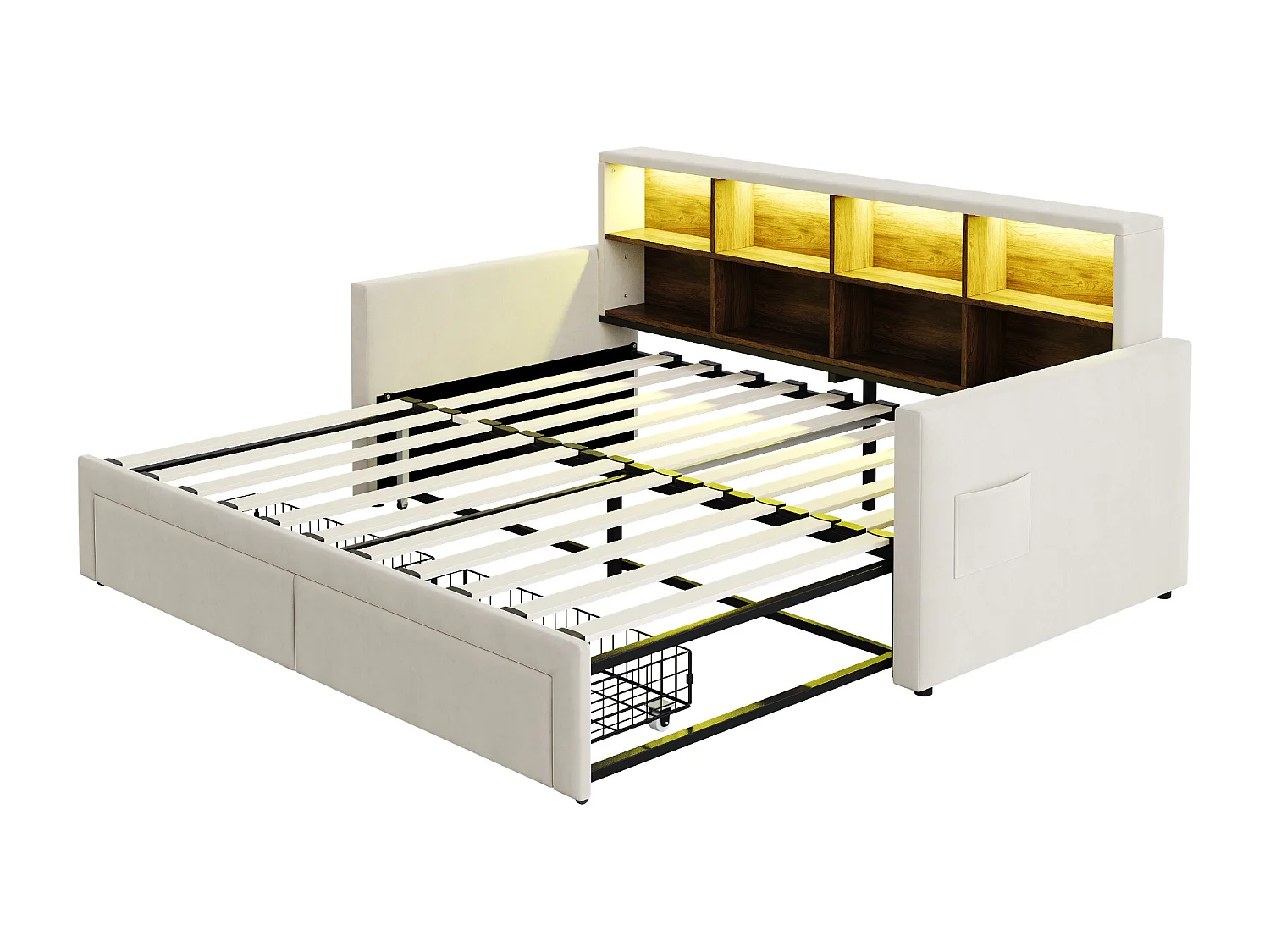 Dagbed 90/180 x 190 cm met 2 lades, ledverlichting en stopcontact, planken - Volwassenenbed in fluweel - Beige