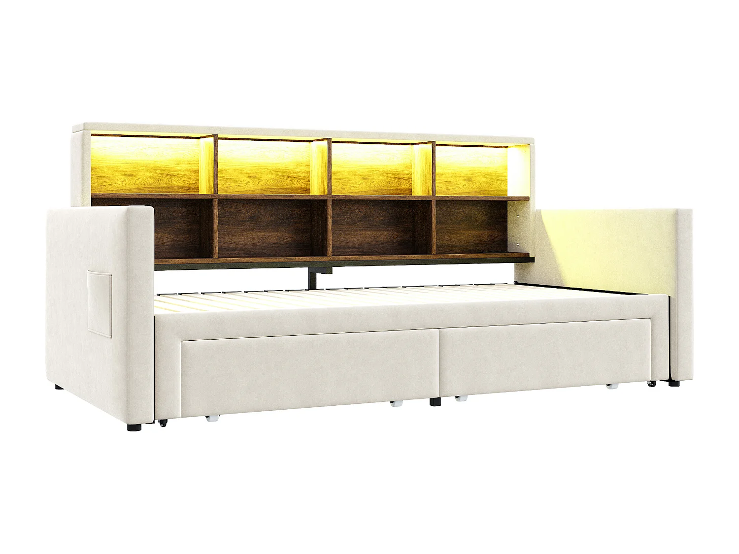 Dagbed 90/180 x 190 cm met 2 lades, ledverlichting en stopcontact, planken - Volwassenenbed in fluweel - Beige