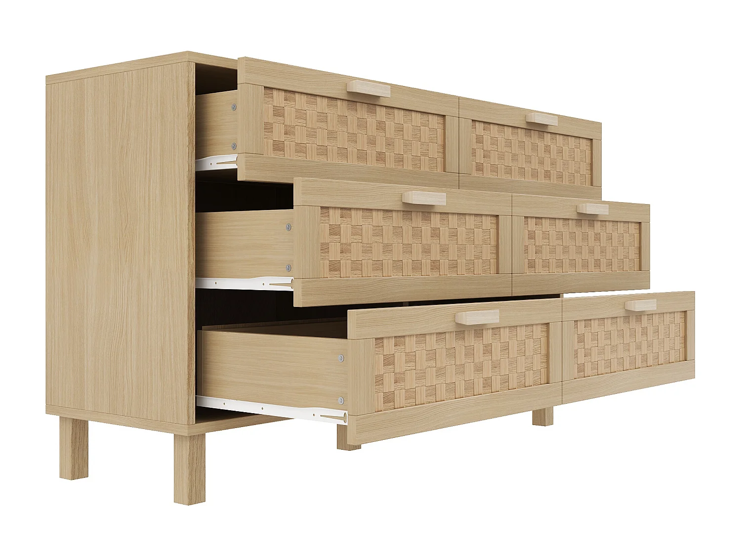 Commode avec 6 tiroirs - Tiroirs aspect rotin - Couleur bois clair