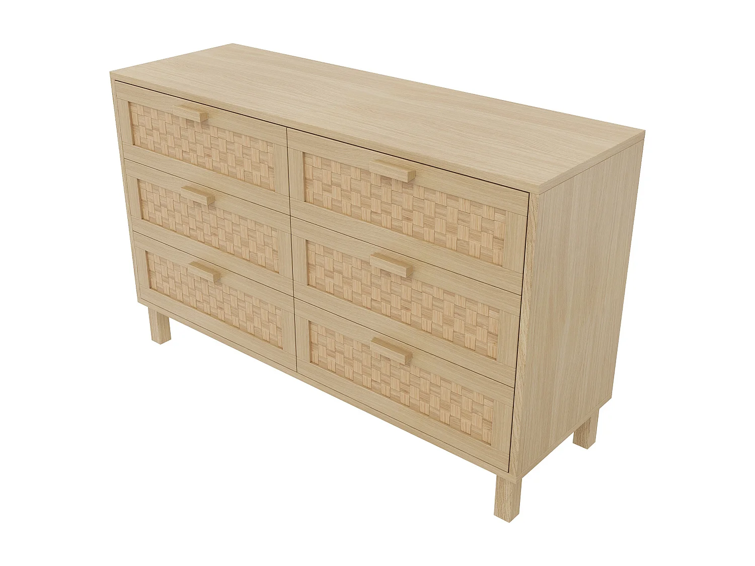 Commode avec 6 tiroirs - Tiroirs aspect rotin - Couleur bois clair