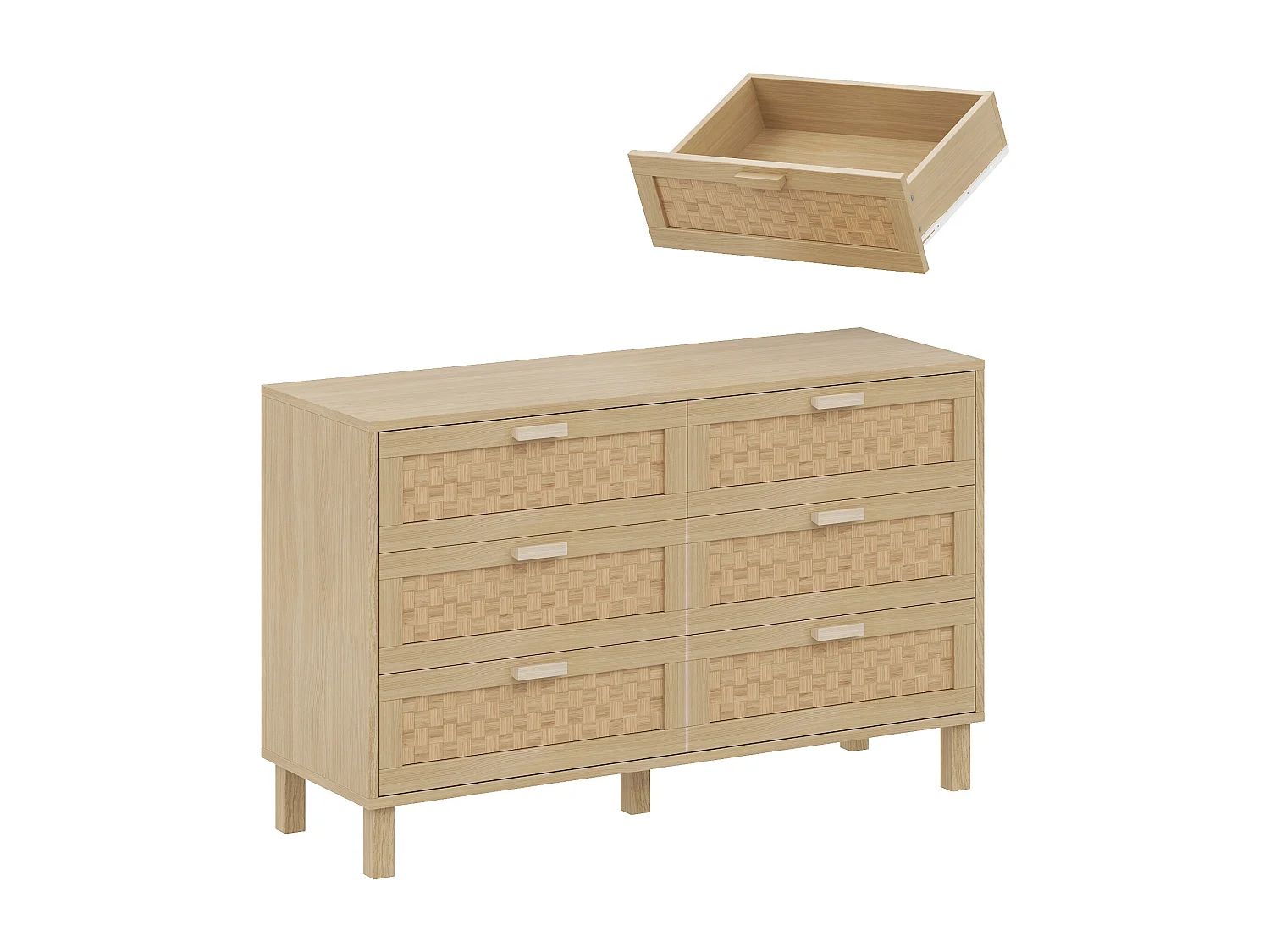Commode avec 6 tiroirs - Tiroirs aspect rotin - Couleur bois clair