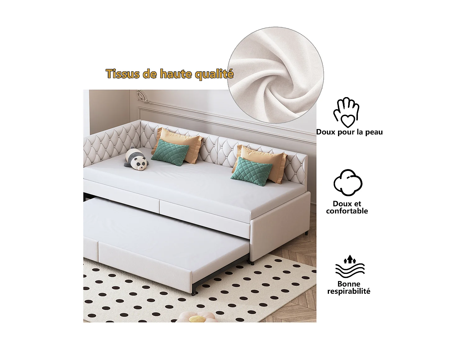 Lit gigogne 90/180x200 cm - Canapé-lit extensible à sommier à lattes - Velours - Beige