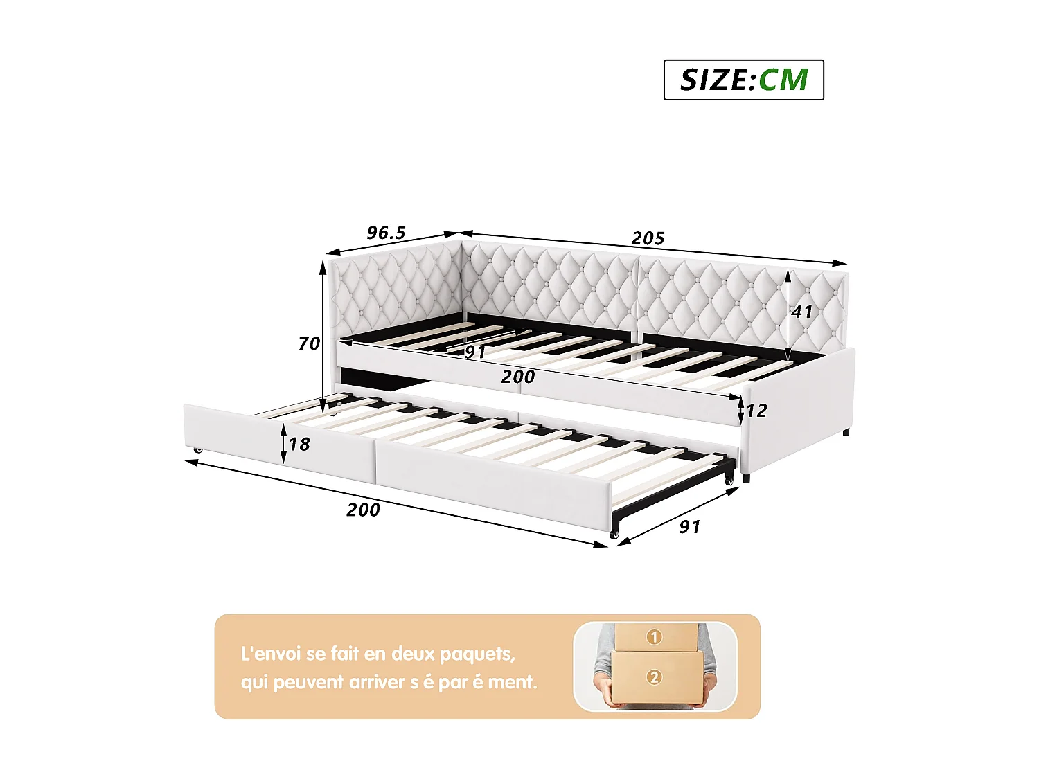 Lit gigogne 90/180x200 cm - Canapé-lit extensible à sommier à lattes - Velours - Beige