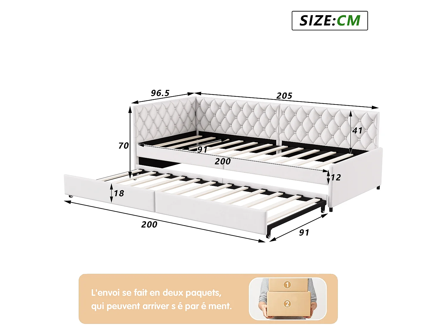 Uitschuifbaar bed 90/180x200 cm - Uitschuifbare slaapbank met lattenbodem - Fluweel - Beige