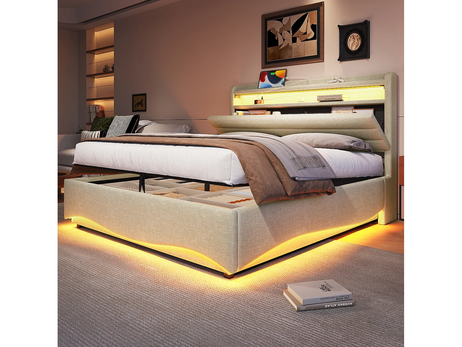 Lit coffre hydraulique pour enfant - 140 x 200 cm - avec Leds + USB + tête de lit de rangement - lin - beige